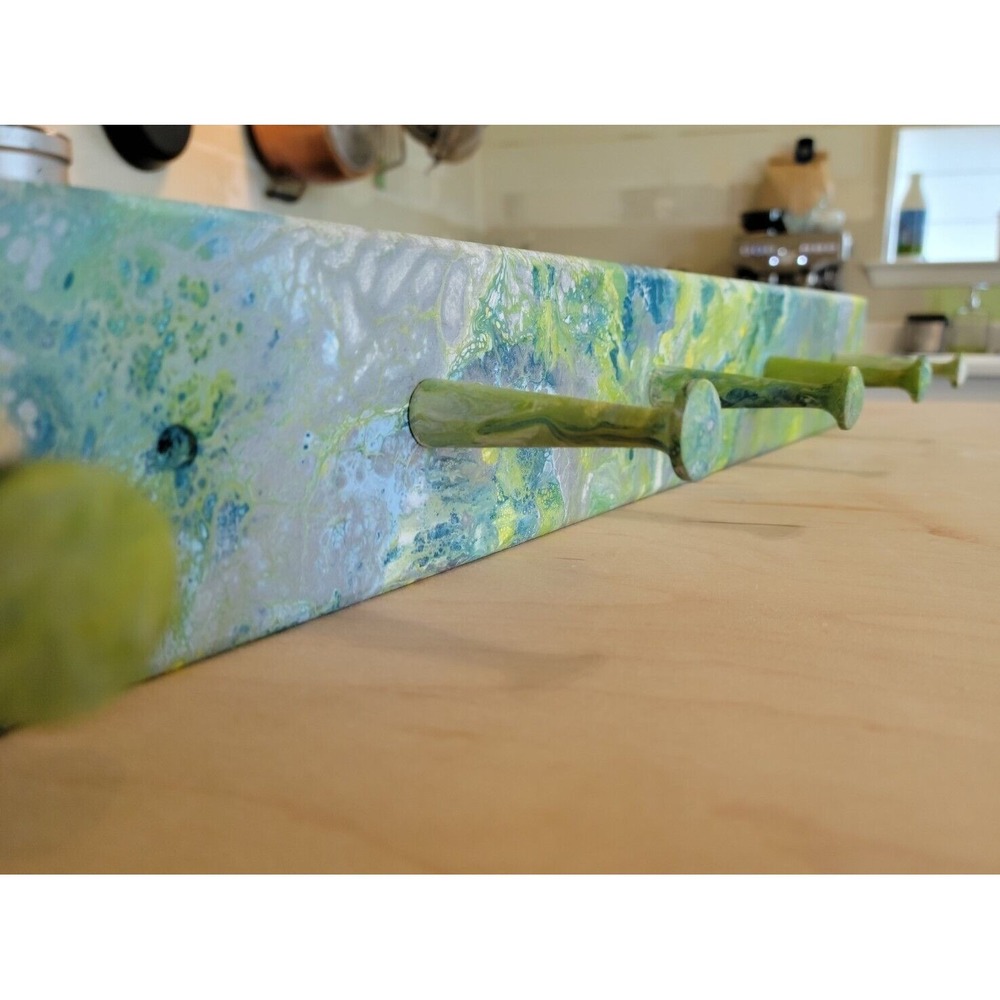 Hand Painted Fluid Art Wooden Wall Rack 5 Peg Hook Green Teal‎ Marbled Entryway